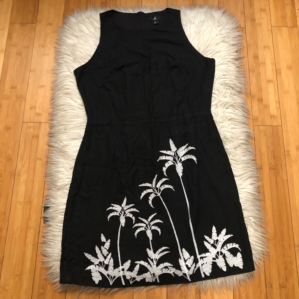 Jason Wu Linen Embroidered Artsy Palm Tree Sleeveless Black Mini Dress size 10